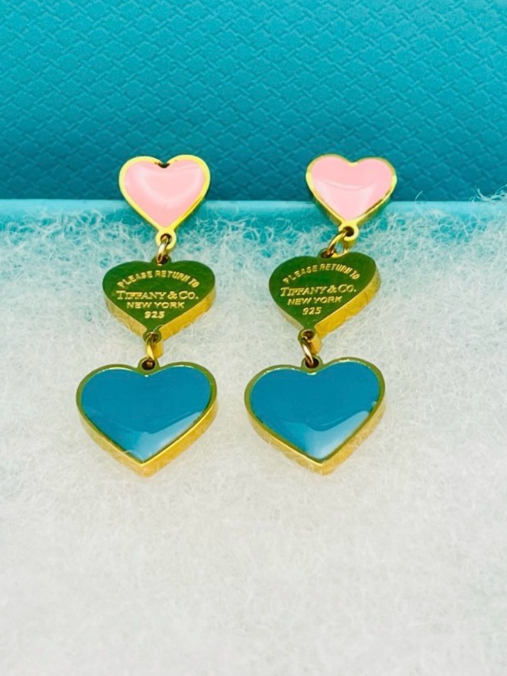 Gold-Tone Pink and Turquoise Heart Drop Earrings
